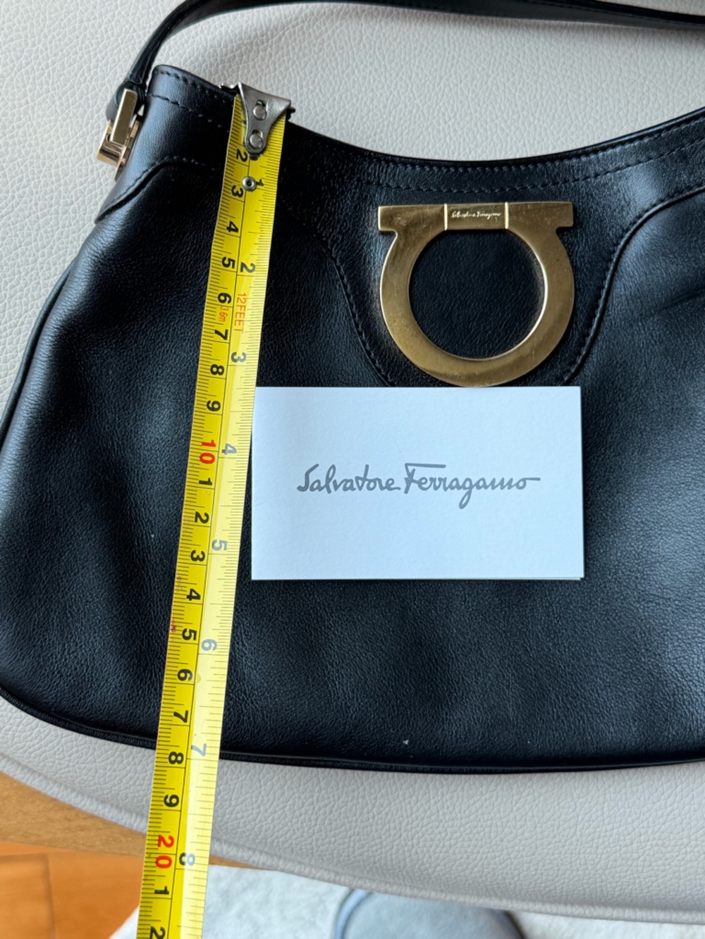 Salvatore Ferragamo Black Leather Shoulder Bag with Signature gold ring logo. - Picture 8 of 9